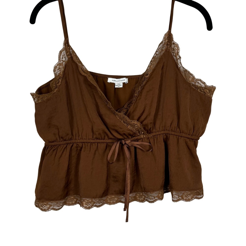 American Eagle Lace‑Trim Peplum Cami Top  Coquette Adjustable Straps Size L 385